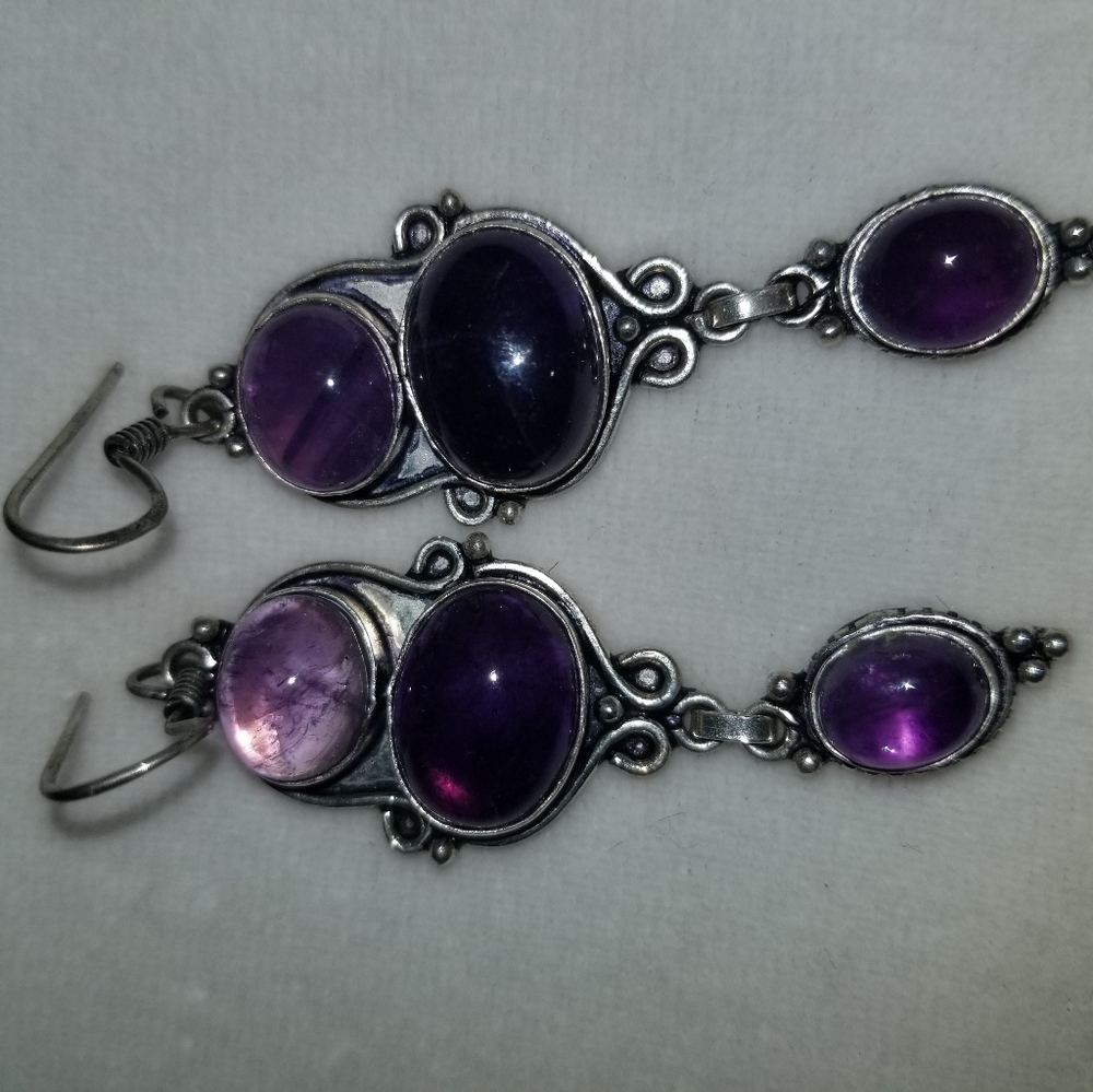 3 Tiered Amethyst Stone Pierced Earrings - Picture 5 of 9